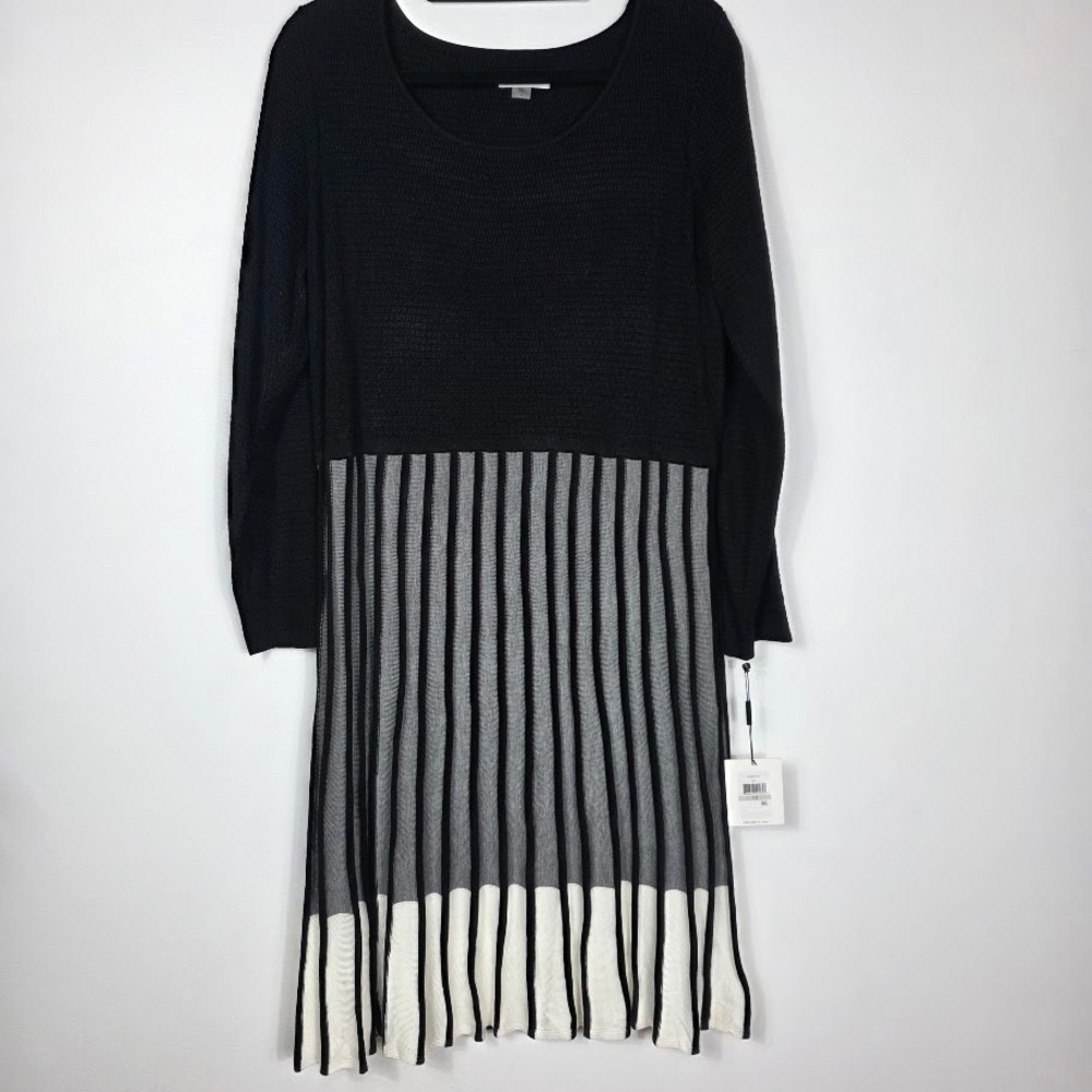 Calvin Klein Woman 1X Black White Striped Mesh‎ Knit Sweater Dress NEW